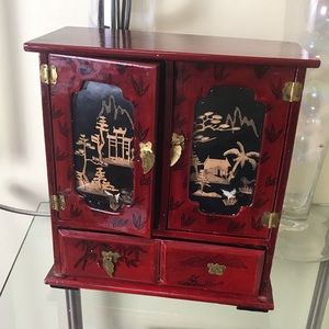 Vintage Wood Brass Pearl Jewelry Box Organizer red